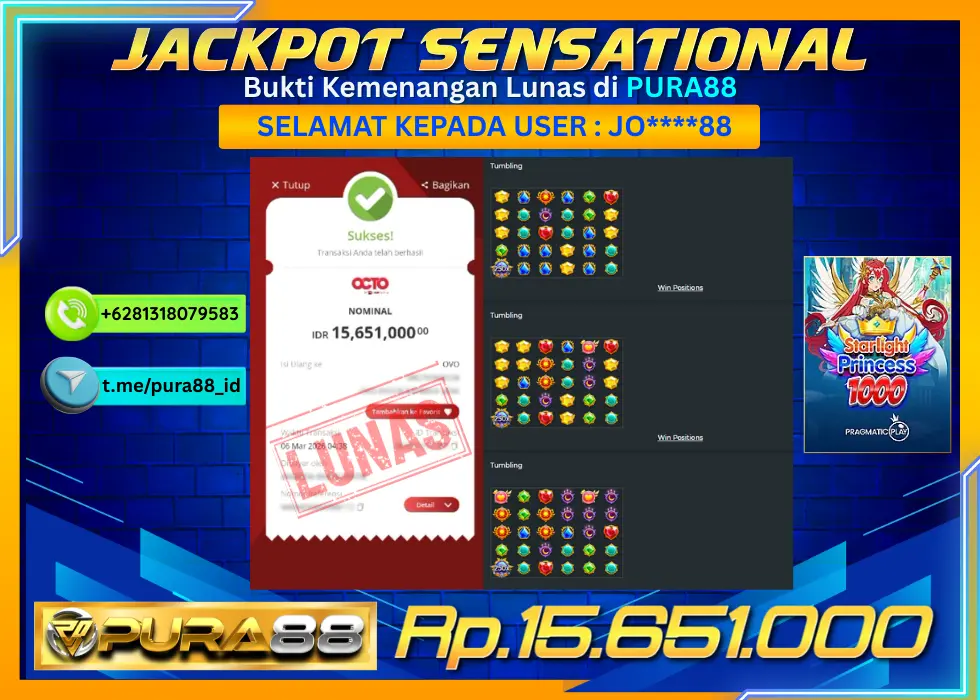 PURA88 JACKPOT STARLIGHT PRINCESS 1000 Rp 15.651.000,- LUNAS